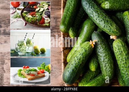 Collage with different ideas of using cucumbers in culinary Stock Photo