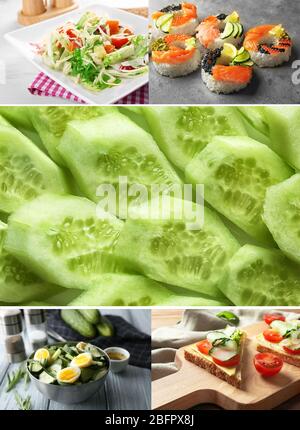 Collage with different ideas of using cucumbers in culinary Stock Photo
