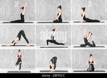 Collage of man doing different yoga poses on grunge wall