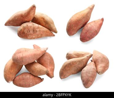 Collage of sweet potatoes on white background Stock Photo