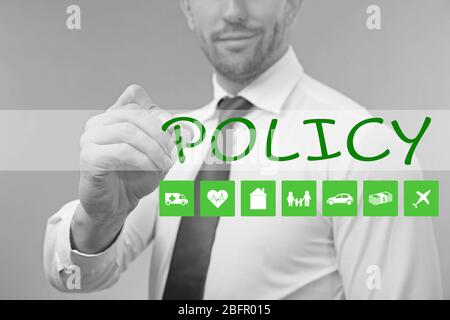 Man working with virtual screen. Concept of insurance policy Stock Photo