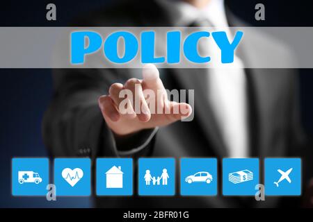 Man working with virtual screen. Concept of insurance policy Stock Photo