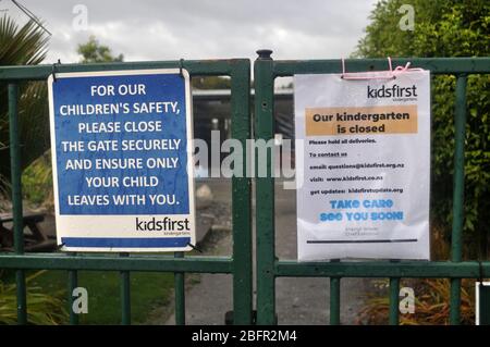 GREYMOUTH, NEW ZEALAND, APRIL 18 2020: Signage shows that a kindergarten is closed during the Level 4 Covid 19 lockdown in New Zealand, April 18,  2020 Stock Photo