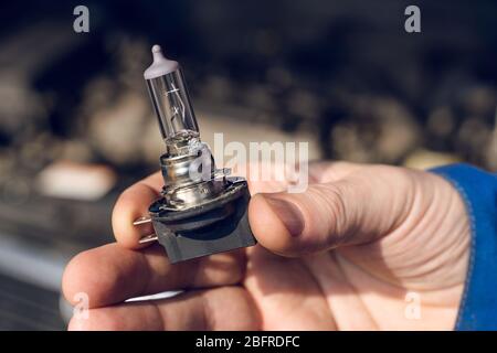 Car service men. Replacing a burnt out lamp in the car headlight Stock Photo