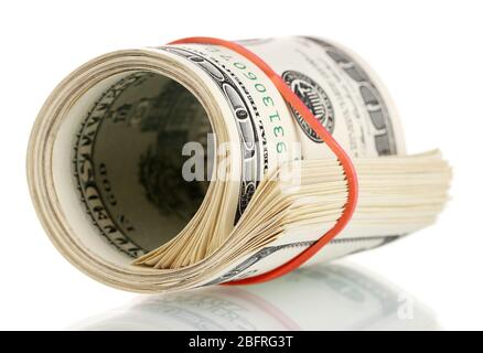 A lot of one hundred dollar bills tied rubber band isolated on white Stock Photo