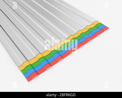 Colored sheets of metal profiles for the roof on a white background. 3d render illustration. Stock Photo
