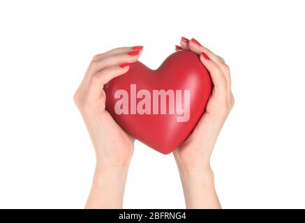 Red heart in woman's hands isolated on white Stock Photo