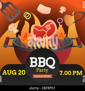 BBQ party invitation ,card or poster template with grill and food flyer vector flat style illustration. Stock Vector