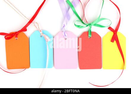 Blank labels with ribbon isolated on white Stock Photo