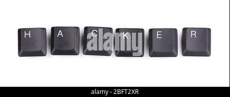 Keyboard keys saying hacker isolated on white Stock Photo