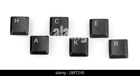 Keyboard keys saying hacker isolated on white Stock Photo