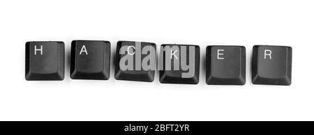 Keyboard keys saying hacker isolated on white Stock Photo