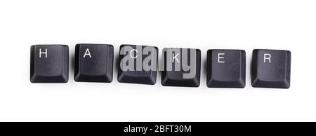 Keyboard keys saying hacker isolated on white Stock Photo