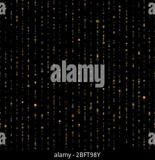 Seamless unique gold rain bokeh on black background. Glitter threads of curtain backdrop. Holiday garland lights or fashion strass drops for carnival Stock Vector