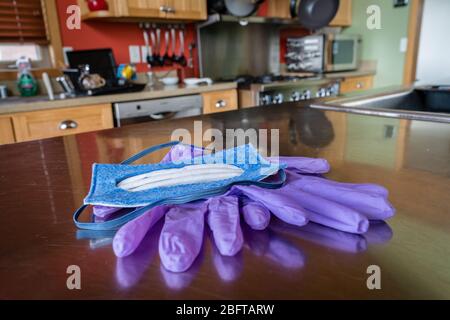 N-95 mask and nitrile disposable gloves on a steel kitchen table
