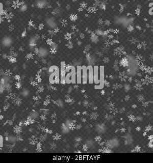 Realistic falling Christmas decoration snowflakes effect isolated on transparent background. Falling snow pattern. Magic white snowfall. EPS 10 Stock Vector