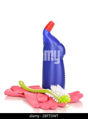 Cleaning items and brush for toilet isolated on white Stock Photo