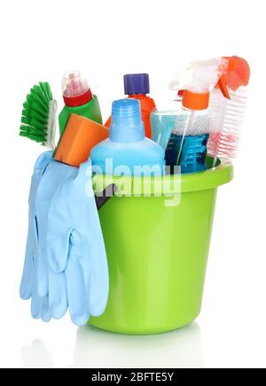 Cleaning items in bucket isolated on white Stock Photo