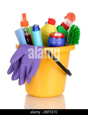 Cleaning items in bucket isolated on white Stock Photo