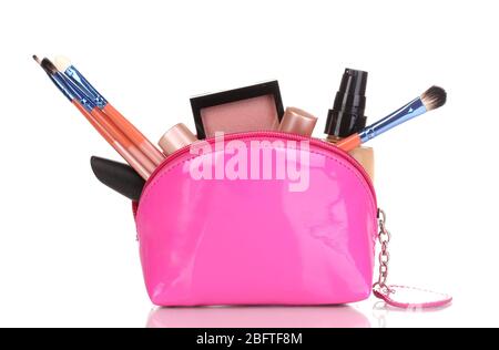 Make up bag with cosmetics and brushes isolated on white Stock Photo