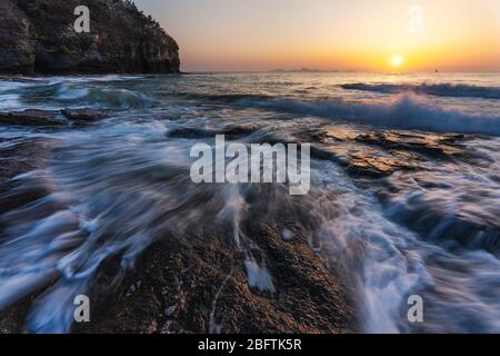 Chaeseokgang, South Korea - 13 APRIL 2020:  The Chaeseokgang sea cliffs are a popular attraction along the coast of Byeonsanbando National Park. Stock Photo