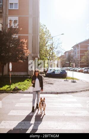 A beautiful caucasian woman with a dog breed American Staffordshire Terrier walks down the street Stock Photo
