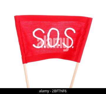 SOS signal written on red cloth isolated on white Stock Photo