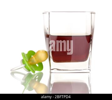 Baby dummy with alcoholic beverage isolated on white Stock Photo