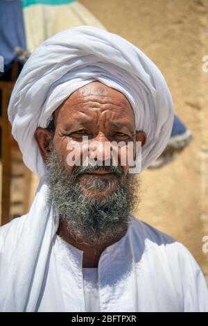 Portrait of Man at Edfu Temple in Aswan, Egypt. Stock Photo