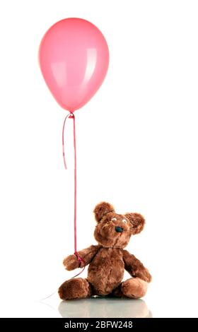 teddy bear with colorful balloon isolated on white Stock Photo