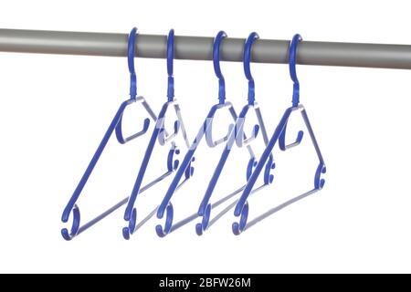 plastic hangers in row  isolated on white Stock Photo