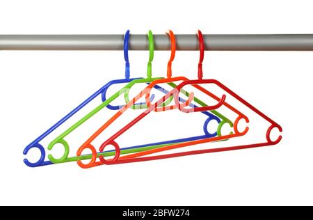 plastic hangers in row  isolated on white Stock Photo