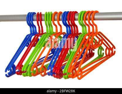 plastic hangers in row  isolated on white Stock Photo