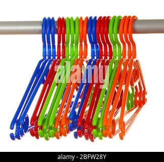 plastic hangers in row  isolated on white Stock Photo