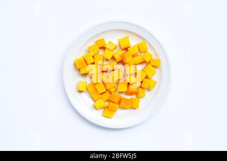 Tropical fruit, Mango cube slices on white background. Stock Photo