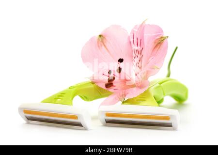 woman safety shavers and flower isolated on white Stock Photo