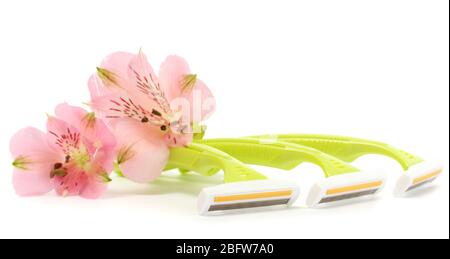 woman safety shavers and flowers isolated on white Stock Photo