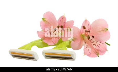 woman safety shavers and flowers isolated on white Stock Photo