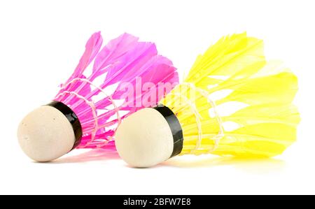 yellow and pink feather shuttlecocks isolated on white Stock Photo