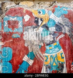 Mural titled 'Eagle Man' at the Cacaxtla, Tlaxcala ruins in Mexico. Stock Photo