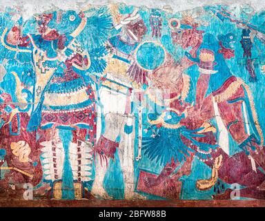 Mural de la Batalla at the Cacaxtla, Tlaxcala ruins in Mexico. Stock Photo