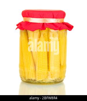 Jar with canned corn isolated on white Stock Photo