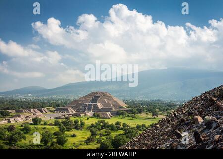 Pyramid of the Moon as seen from atop the Pyramid of the Sun in Teotihuacan, Mexico. Stock Photo