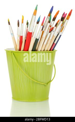 Paint brushes with gouache in bucket isolated on white Stock Photo