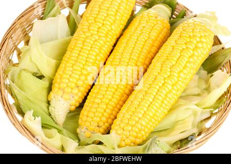 Fresh corn cobs in basket close-up Stock Photo