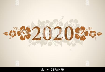 Vector 2020 text with exotic hibiscus flowers on vintage beige background Stock Vector