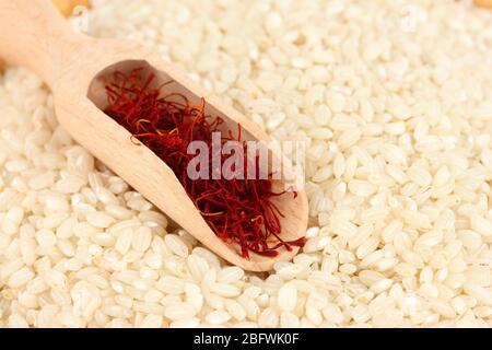 stigmas of saffron in wooden spoon on rice close-up Stock Photo