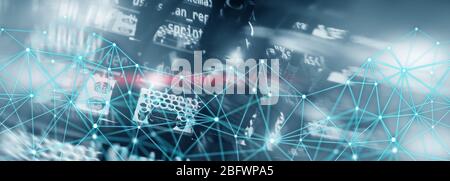 Visual Effect Connection network in servers data center room. Elongated horizontal background. Stock Photo
