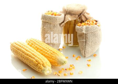 fresh corn and bags with dry corn, isolated on white Stock Photo