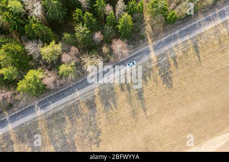 white car driving on the country road. shadow of trees on field. rural landscape. birds eyes view Stock Photo